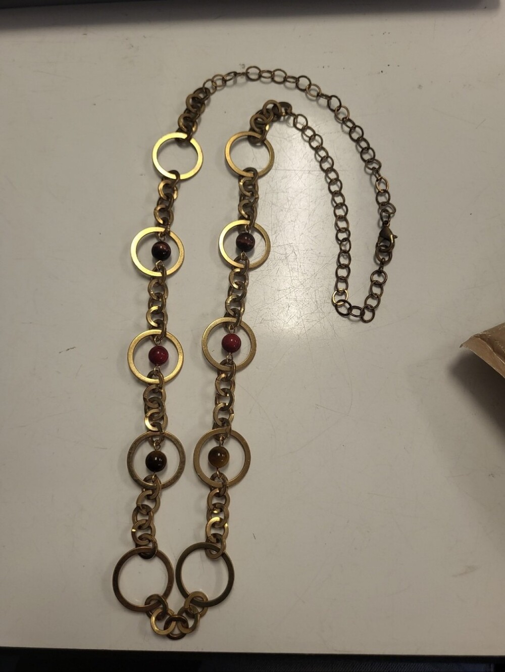 Gold-Tone Circle Link Necklace with Red and Brown Beads